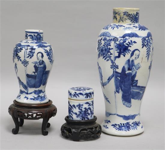 Two Chinese blue and white vases and a box